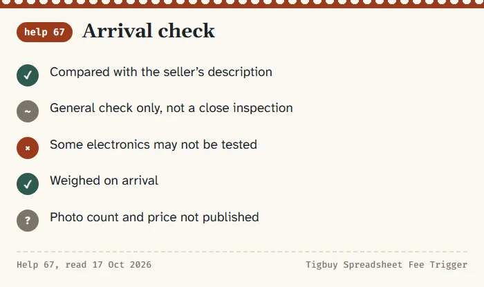 Arrival check card: matched against the seller description, general check only, electronics may not be tested, weighed on arrival