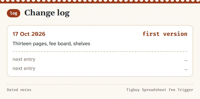 Change log card with the first entry dated 17 October 2026 and empty lines for later corrections and re-readings