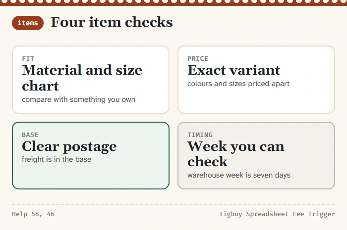 Four item checks: material and size, exact variant price, clear postage, timing for the warehouse week