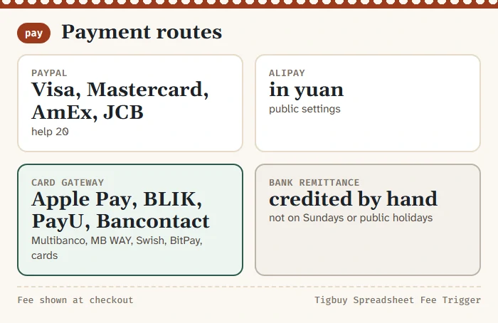 Grid of payment routes listed in Tigbuy public settings: PayPal, Alipay, card gateway methods and bank remittance, with the fee shown at checkout