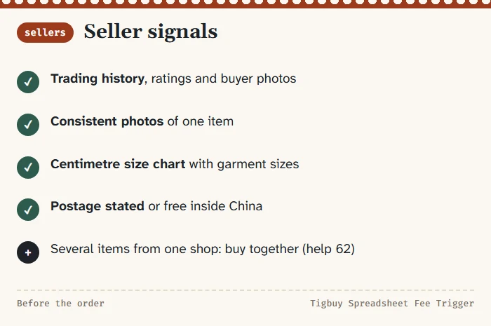 Four seller signals: trading history with buyer photos, consistent photos, centimetre size chart, stated postage