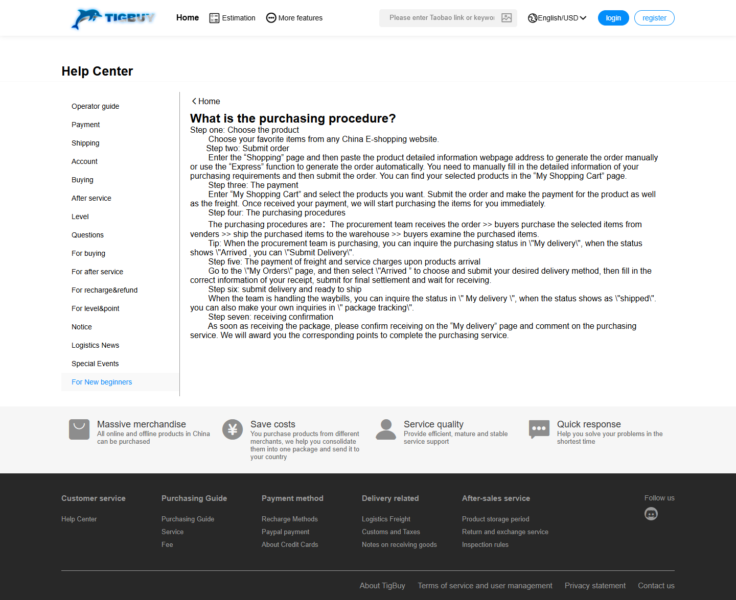 Tigbuy purchasing-procedure help page with its seven stages in the original order