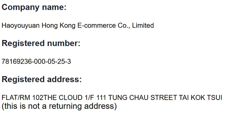 The company block on Tigbuy's Contact us page: company name, registered number and registered address with the note that it is not a returning address