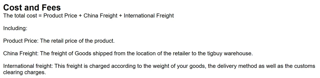 Tigbuy's Cost and Fees help article listing a three-part total of item price, China freight and international freight, with no service fee line