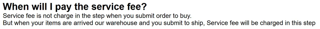 Tigbuy's help article titled When will I pay the service fee, with its two sentences about the order step and the submit to ship step