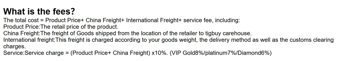 Tigbuy's help article titled What is the fees, showing the total cost line and the service charge formula with Gold, Platinum and Diamond rates