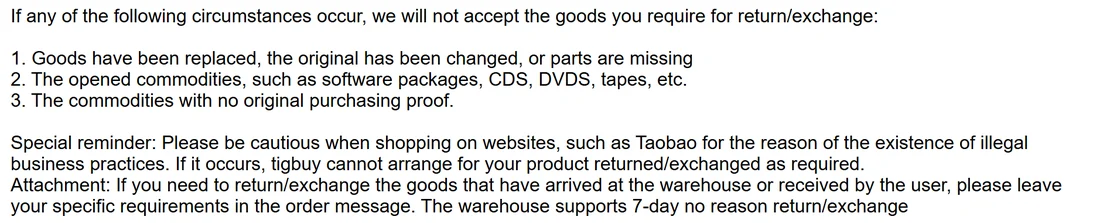 End of Tigbuy's Return and exchange policy, listing the items it will not accept and the line about seven-day no reason return or exchange