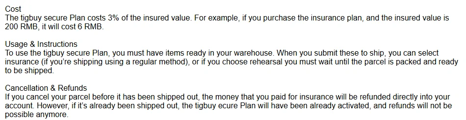 Three paragraphs of Tigbuy's secure Plan article: Cost at 3 percent of the insured value, Usage saying insurance is selected when items are submitted to ship, and Cancellation and Refunds before the parcel ships